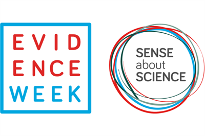 The words &amp;quot;evidence week&amp;quot; spread over three lines in red and blue, with a sense about science logo