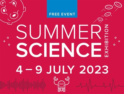 The words &amp;quot;Summer science exhibition, 4-9 July 2023&amp;quot; on a pink background with science related images surrounding