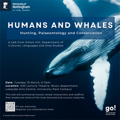 Large image of a whale swimming in a deep blue ocean. Poster promoting lecture on Humans and whales