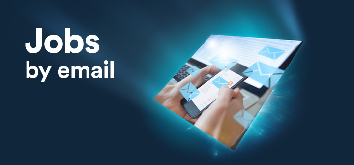 Mobile phone showing list of emails. With wording Jobs by email