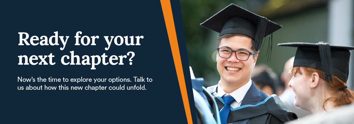 Image of a graduate with wording: Ready for your next chapter?