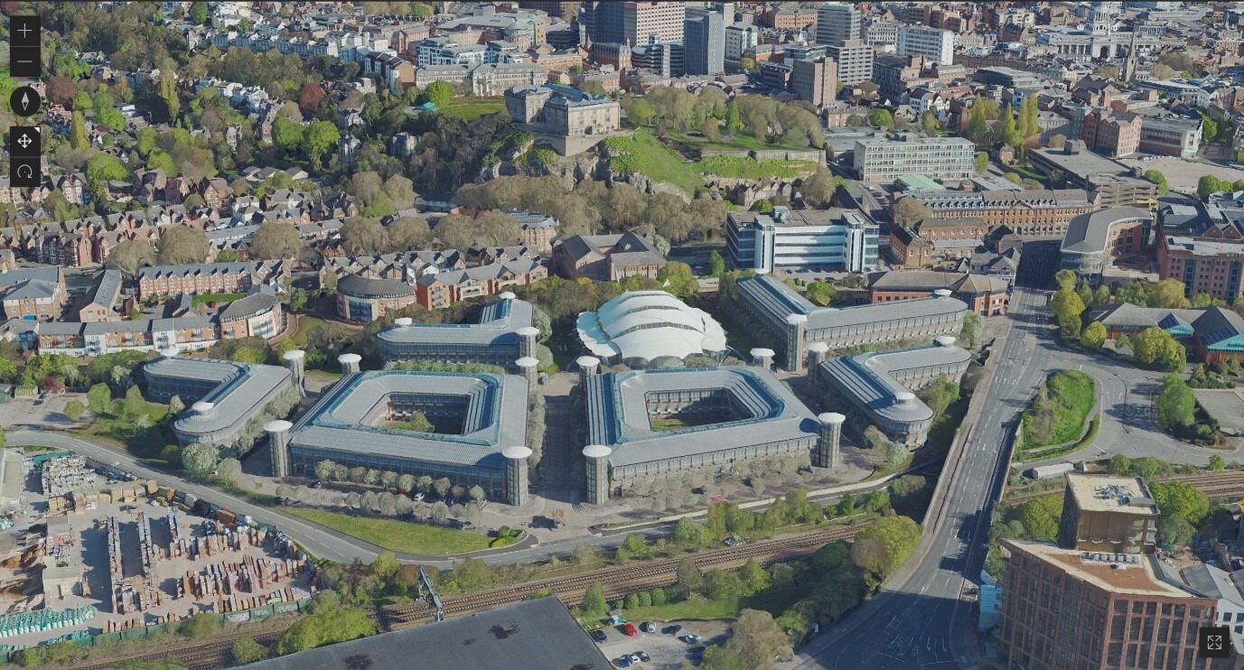 A screenshot taken from within the 3D mesh model shows an aerial view of Nottingham in stunning detail
