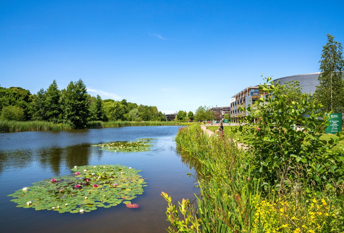 Jubilee campus showing buildings and lake with clear blue sky