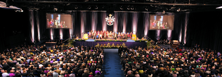 Graduation ceremony which takes place in the University's Sports Hall, University Park 714x249