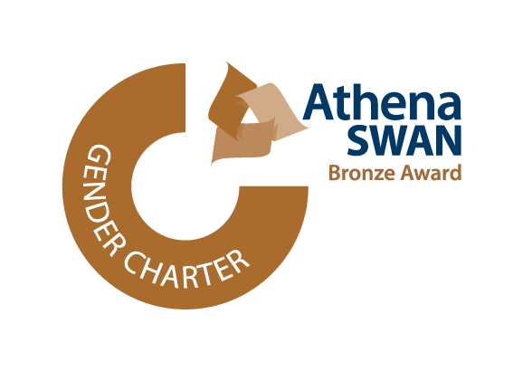 Gender Charter is written in white in a bronze circle, and to the right Athena Swan is written in navy and Bronze Award in bronze.