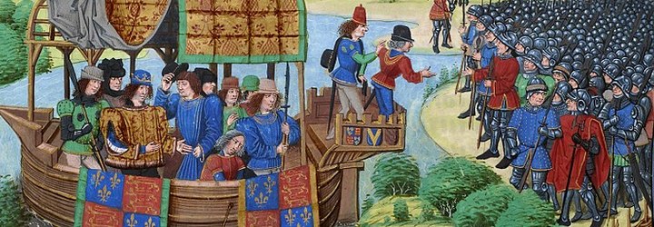 Illustration of king's men on a boat negotiating with an army