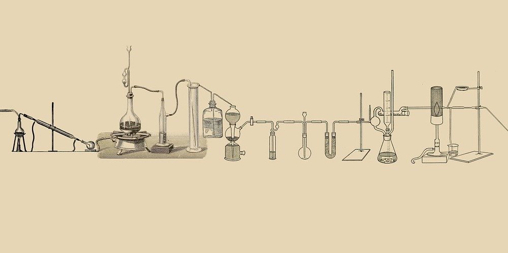 A drawing of test tubes, beakers and Bunsen burners going from left to right joined together leading to a head.