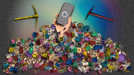 A person holding a cell phone amidst a pile of miscellaneous items.