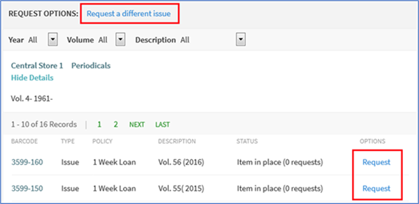 Screenshot of a journal with individual issues. Highlighted are the two request options: "Request" next to each issue and "Request a different issue" above the holdings