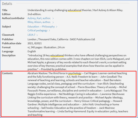 Screenshot of Details section of a book record with the Contents field highlighted