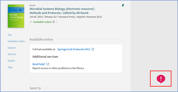 Screenshot of a book record higlighting the pink exclamation (Report an e-resource issue) icon bottom right