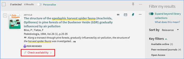 Screenshot of an article result with the Check availability link highlighted