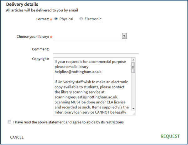 Screenshot of Delivery details section of an interlibrary loan request