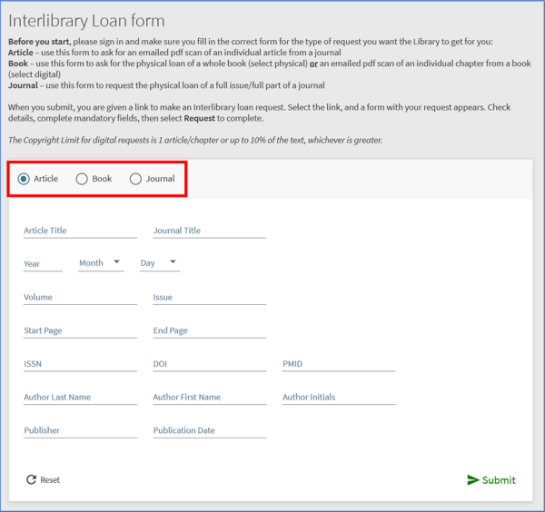 Screenshot of Interlibrary Loan form with options at the top to choose Article, Book, or Journal highlighted