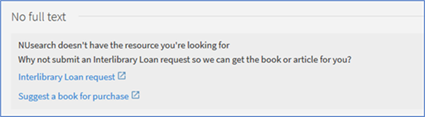 Screenshot showing No full text section with the option to make an Interlibrary loan request