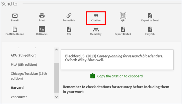 Screenshot of Send to menu with citation option selected and below a citation in the Harvard citation style with the option to copy it to clipboard