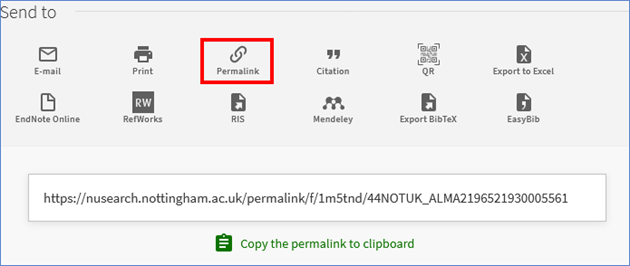 Screenshot of Send to menu with permalink option selected and the permalink displayed below with a button to copy to clipboard