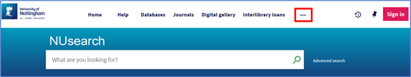 Screenshot of NUsearch main menu highlighting the three dots icon to see more menu options