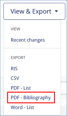 View & Export menu showing option to export to PDF-Bibliography