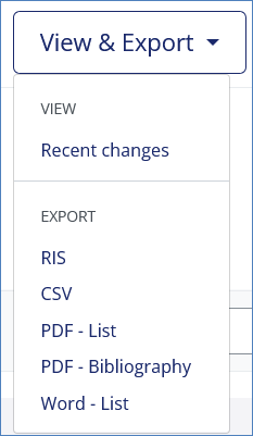 View & Export menu, with options to export to RIS, CSV, PDF-List, PDF-Bibliography, Word-List