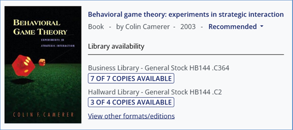 Library availability section of a book, showing details of library copies on the shelves