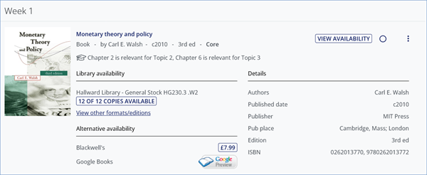 Expanded reading list items showing library availablity and resource details