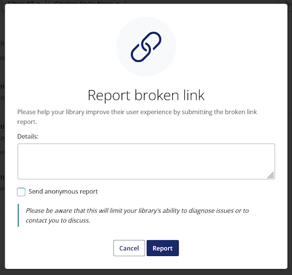 Report a broken link form with option to provide further details of issue