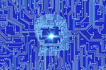 Image of a light blue head outline on a dark blue circuit board