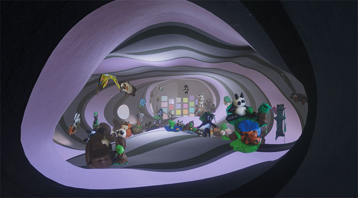 A computer generated colour image of a cave-like environment filled with plasticine models of endangered animals and poems.