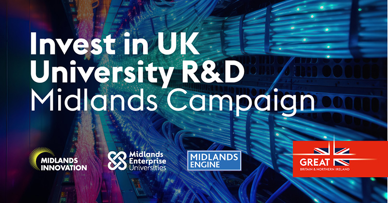 Graphic for the Invest In UK University R&D Midlands Campaign with partner logos