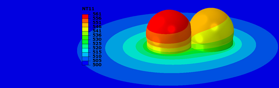 Calculated temperature distribution of Cu droplets deposited on a Cu substrate using MetalJet
