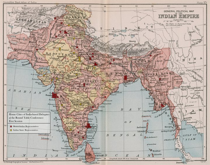 Map showing the home cities of India-based delegates at the First Session of the Round Table Conference