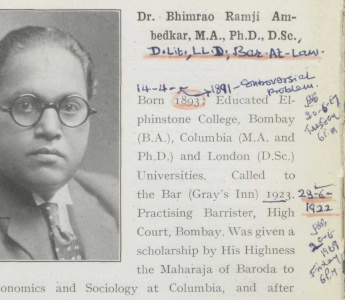 Handwritten markups on BR Ambedkar's profile page in the second session India Office delegate guide