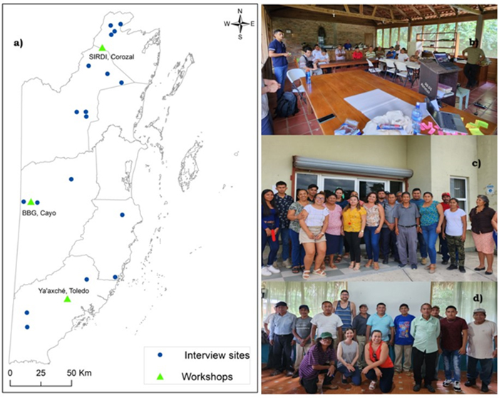 Map showing places where interviews and workshops were conducted; Workshop in Cayo District; Workshop in Corozal District; Workshop in Toledo District