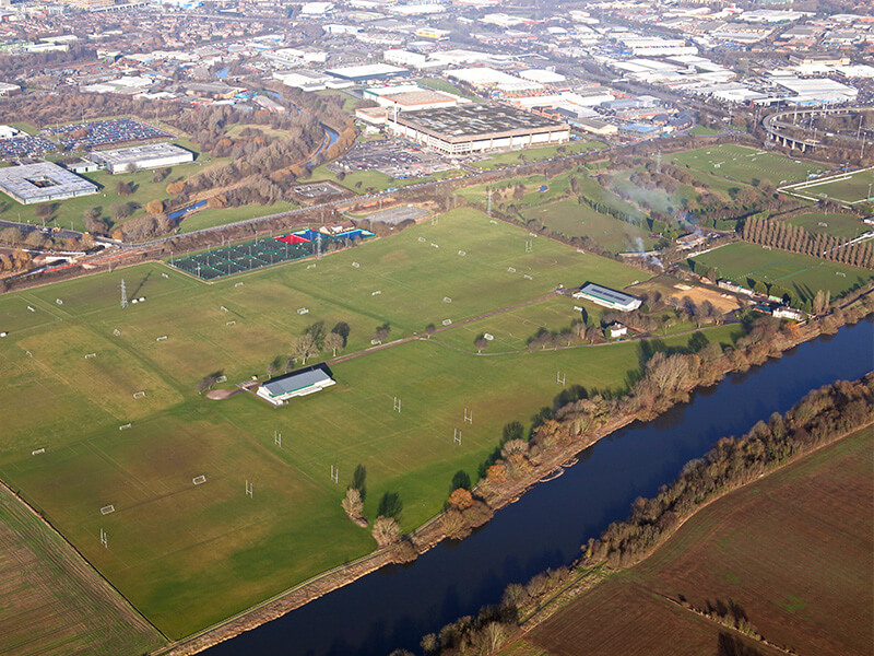 Aerial view of the 150 acres of pitch space at Riverside Sports Complex