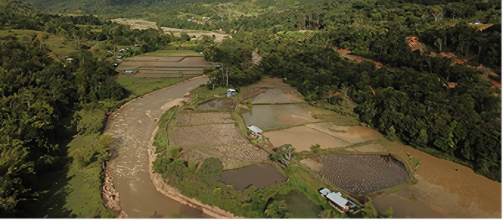 Aerial view of the Trusan, showing the river and rice paddies that regularly flood.