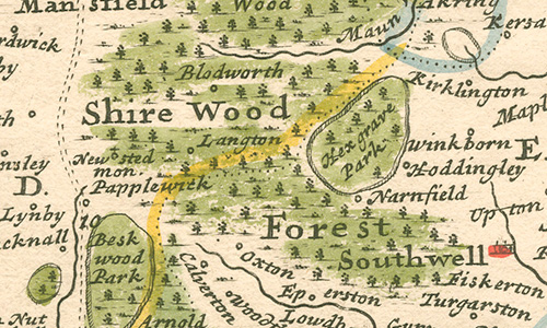 Close-up detail from an antique map showing Sherwood Forest (labelled as "Shire Wood Forest") and nearby towns