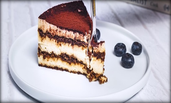 A slice of cake on a plate with a few blueberries