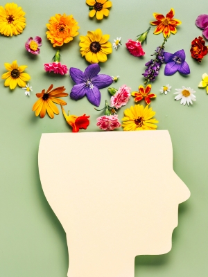 A silhouette of a human head with a variety of colorful flowers emerging from the top