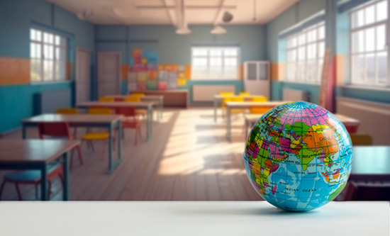 Globe on desk at the front of a classroom with empty desks and chairs in background