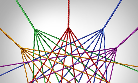 Intertwined coloured threads giving a web effect