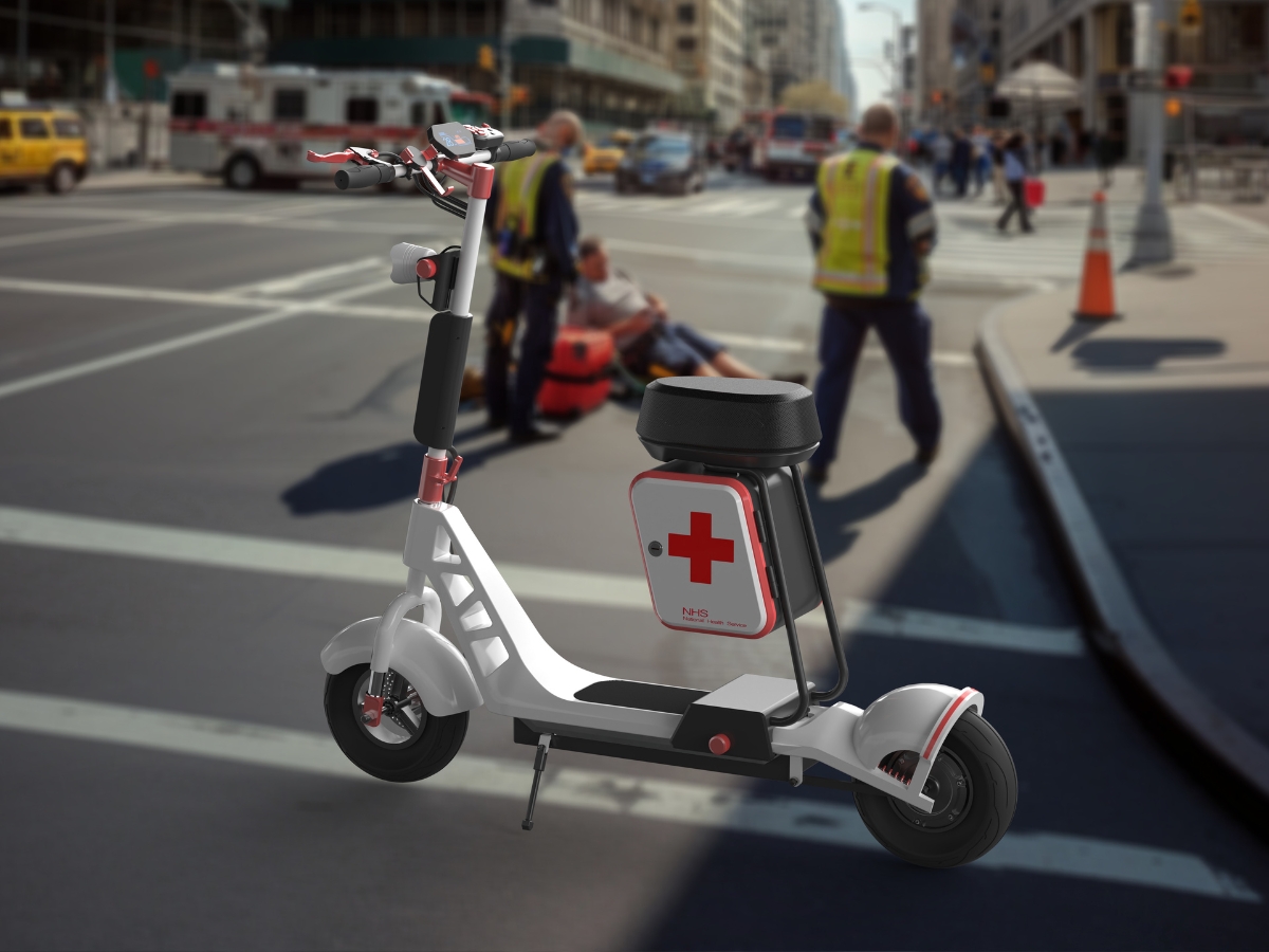 Electric scooter on the road being used by emergency medical personnel