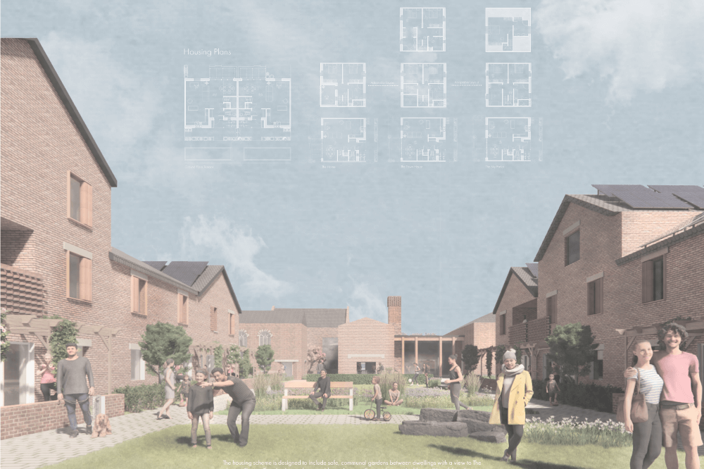 Architecture drawing of a housing estate with people stood on a green area.