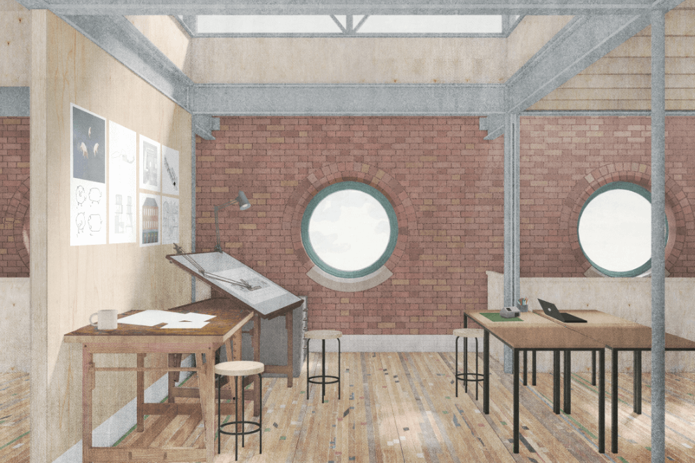 Architecture drawing of the inside of a studio.