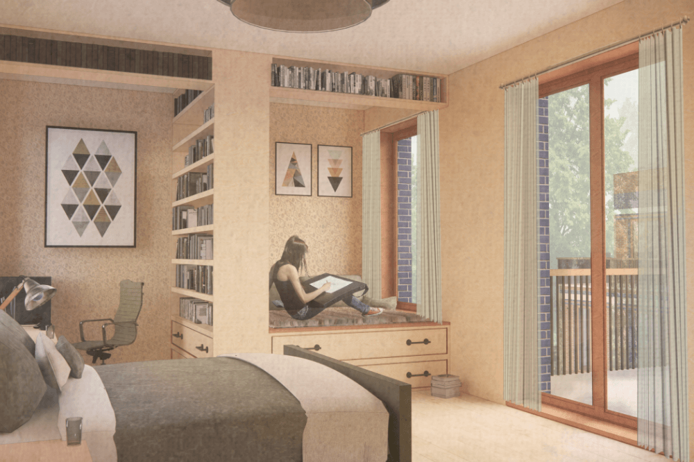 Architecture drawing of the inside of a bedroom.