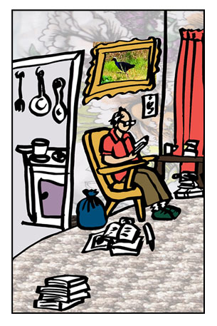 Brother A - An illustration of first brother sitting in armchair in messy bedsit reading.