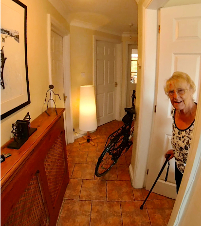 The bicycle is positioned on the floor near the bathroom doorway in the hall and is a hallway hazard.