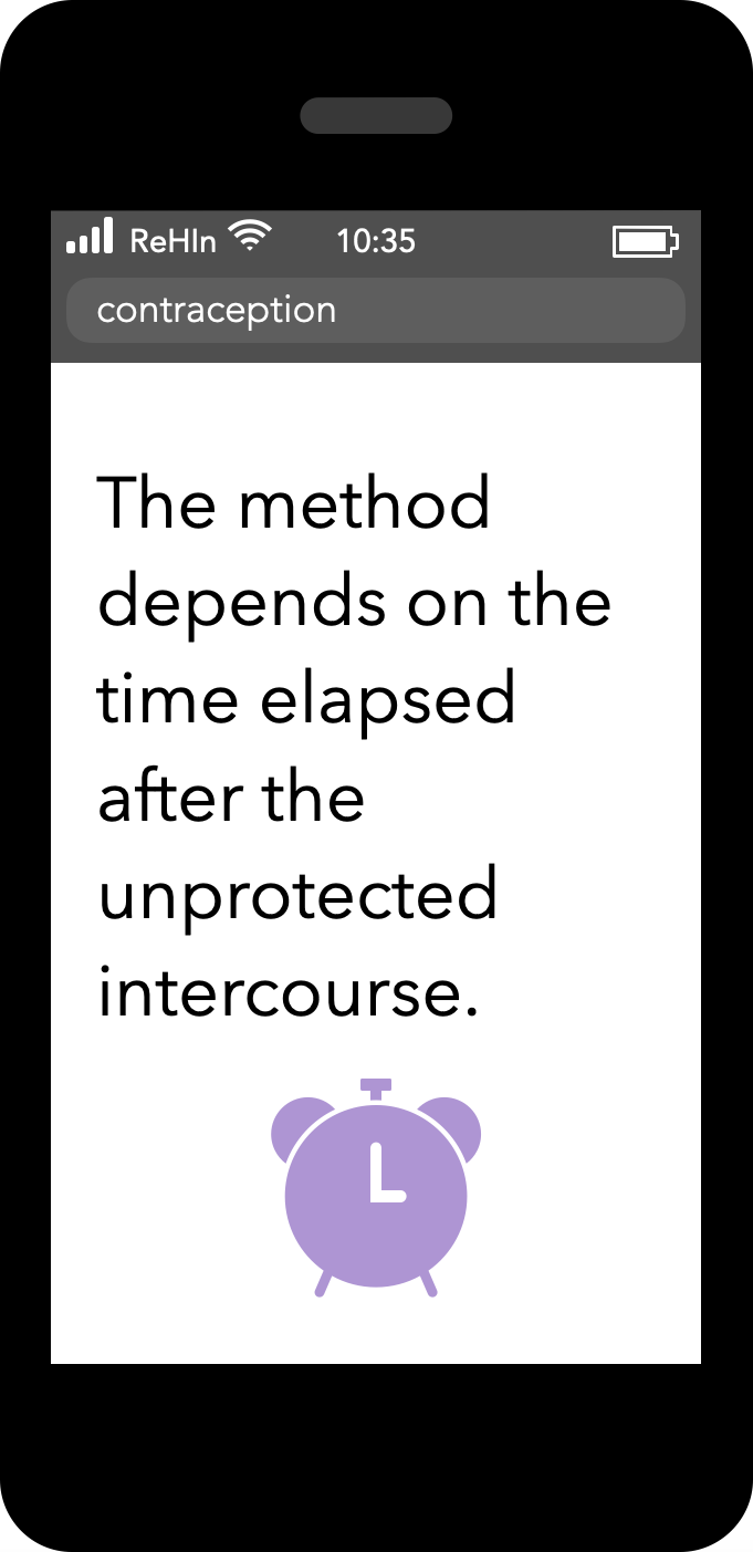 Phone screen with text reading: The method depends on the time elapsed after the unprotected intercourse.