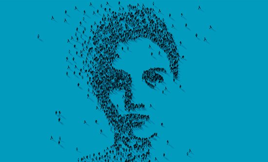 Stylised blue face made up of human figures at a distance