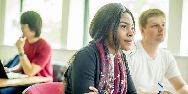 Two students in seminar looking attentively at something